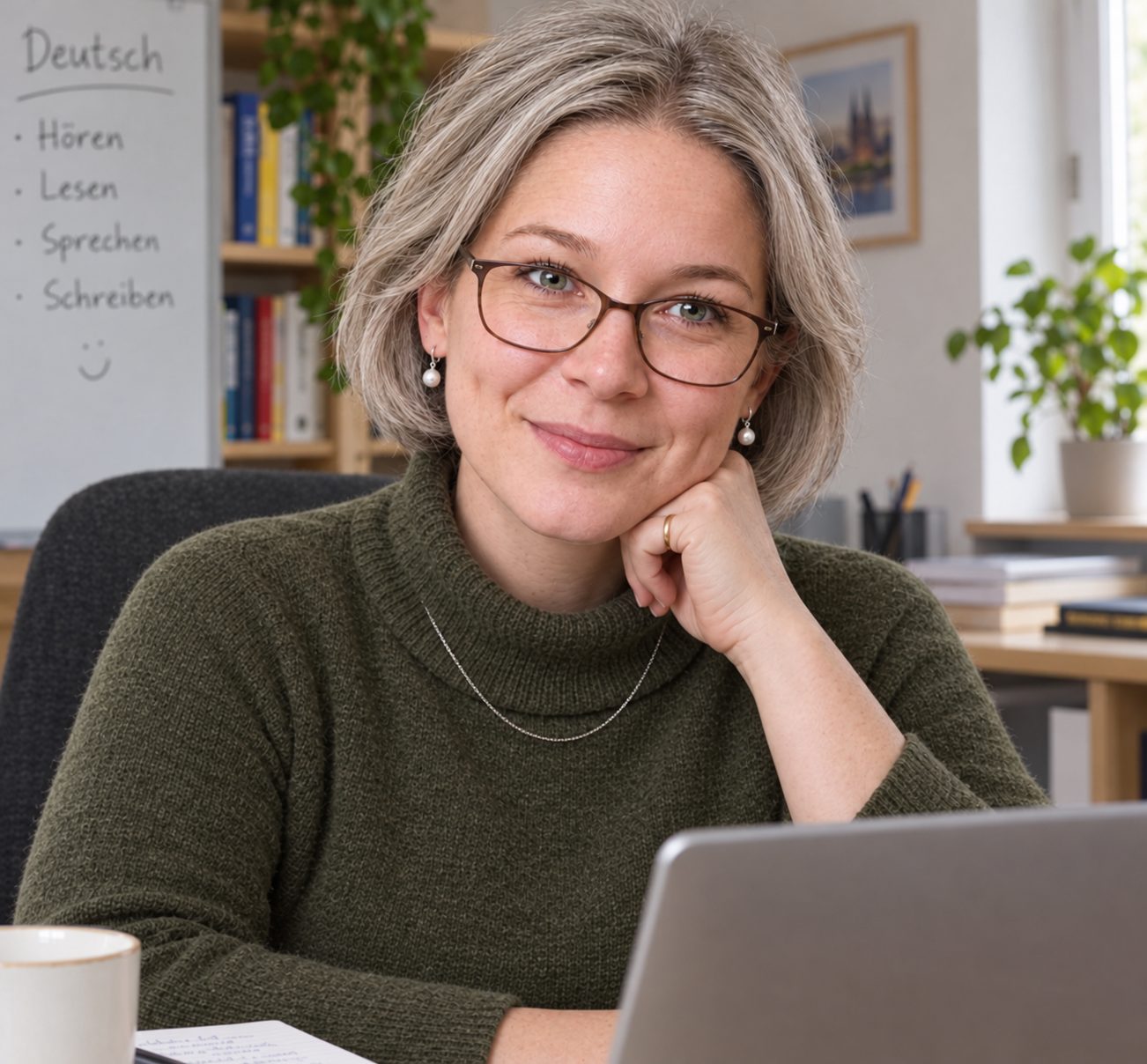 Lehrerin bereitet den Unterricht am Laptop vor